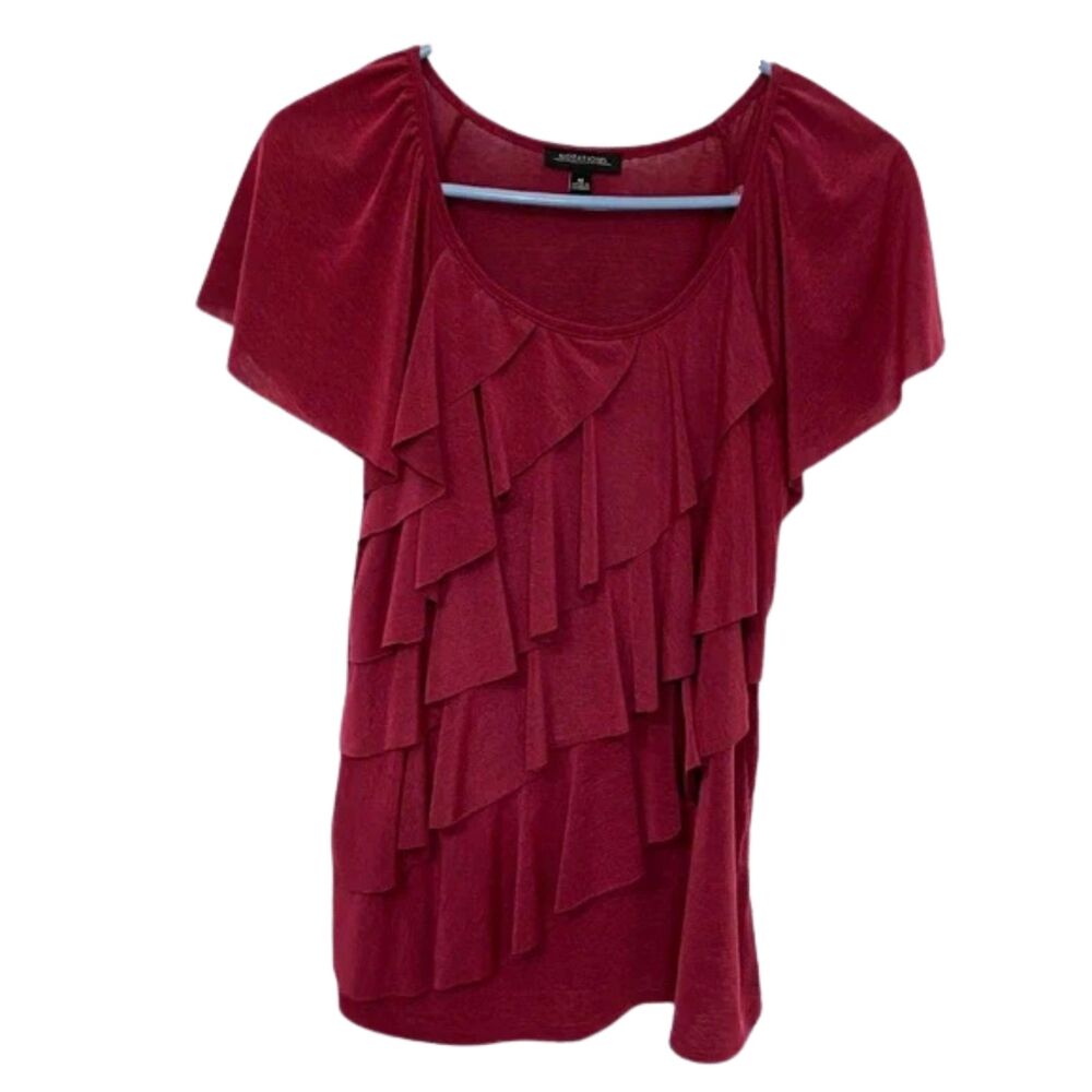 Burgundy Top Women Medium Maroon Pullover Short Sleeves Flounces Ruffled Dressy